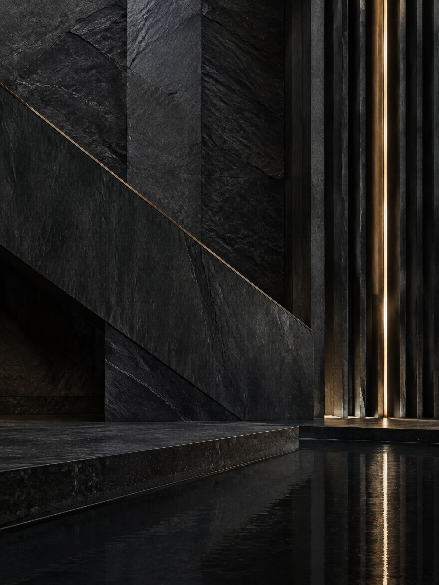 Arquitectura de piedra oscura con detalle de bronce — símbolo de solidez y estrategia jurídica